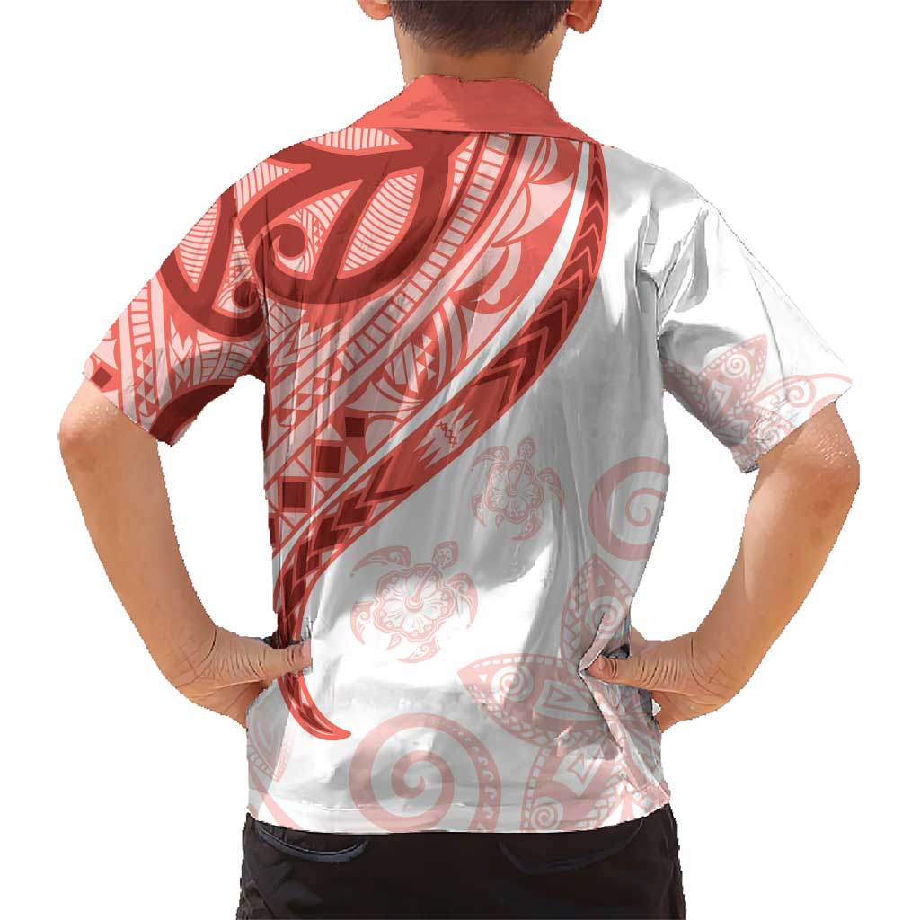 Coral Red Polynesian Tribal Turtle Floral Pattern Kid Hawaiian Shirt