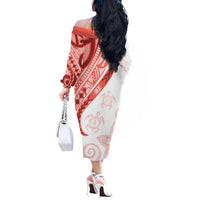 Coral Red Polynesian Tribal Turtle Floral Pattern Off The Shoulder Long Sleeve Dress LT05 - Polynesian Pride