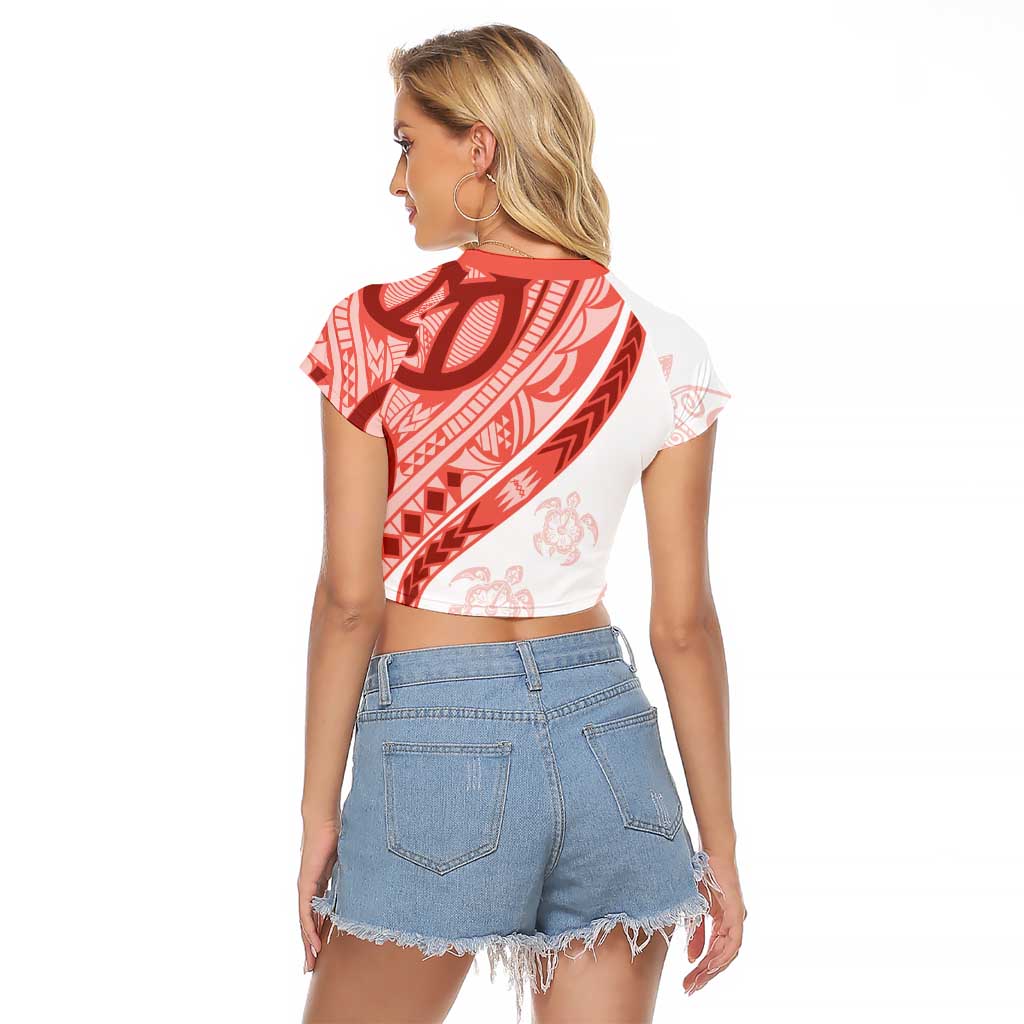 Coral Red Polynesian Tribal Turtle Floral Pattern Raglan Cropped T Shirt