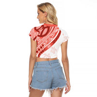 Coral Red Polynesian Tribal Turtle Floral Pattern Raglan Cropped T Shirt