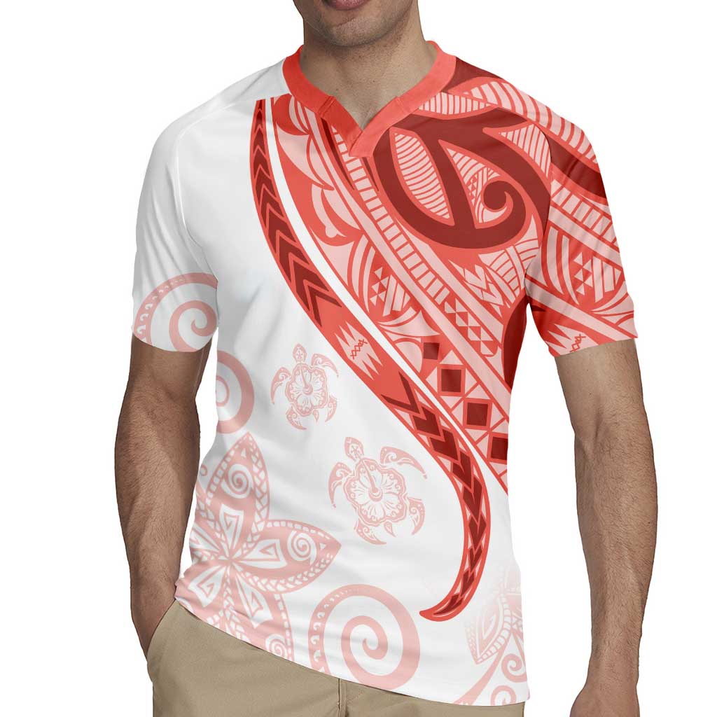 Coral Red Polynesian Tribal Turtle Floral Pattern Rugby Jersey