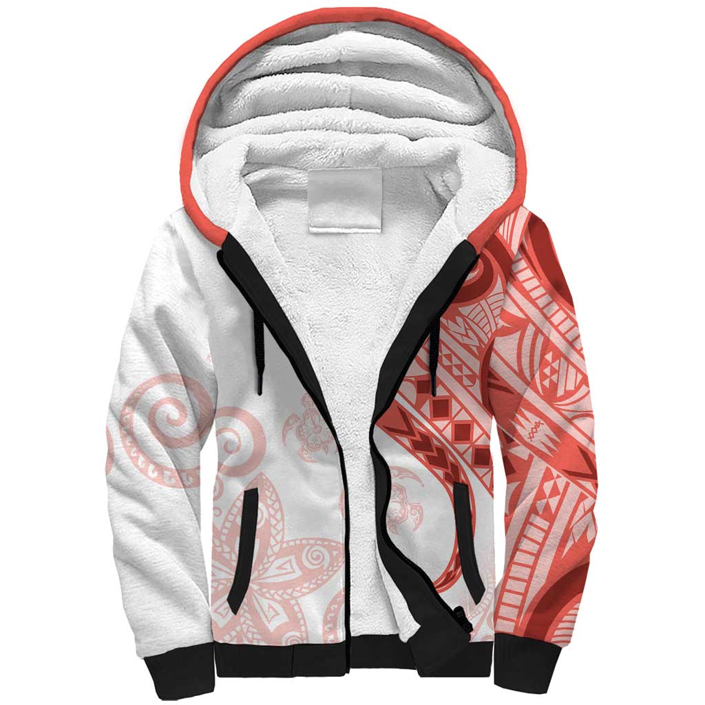 Coral Red Polynesian Tribal Turtle Floral Pattern Sherpa Hoodie