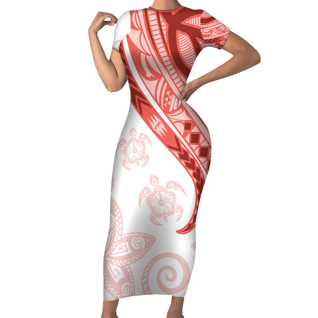 Coral Red Polynesian Tribal Turtle Floral Pattern Short Sleeve Bodycon Dress LT05 Long Dress Red - Polynesian Pride