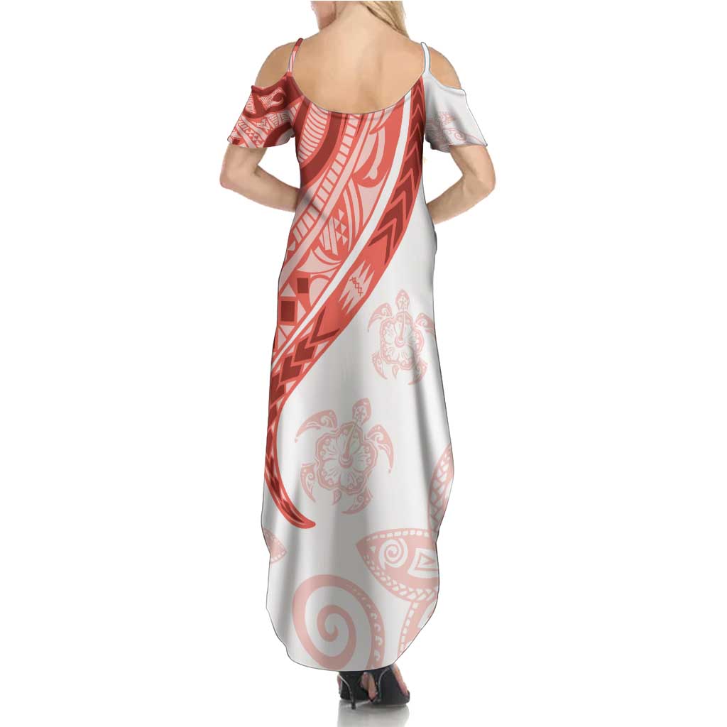 Coral Red Polynesian Tribal Turtle Floral Pattern Summer Maxi Dress