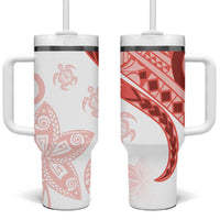 Coral Red Polynesian Tribal Turtle Floral Pattern Tumbler With Handle
