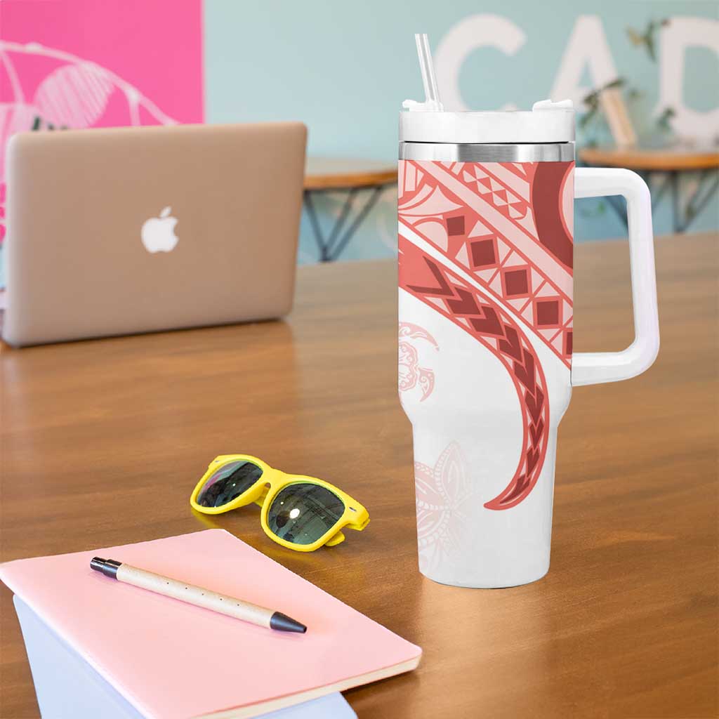 Coral Red Polynesian Tribal Turtle Floral Pattern Tumbler With Handle