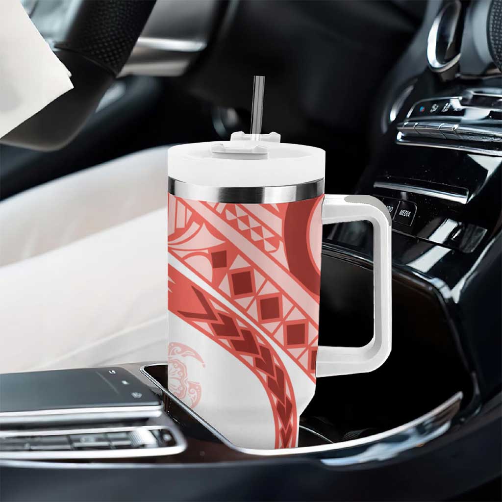 Coral Red Polynesian Tribal Turtle Floral Pattern Tumbler With Handle