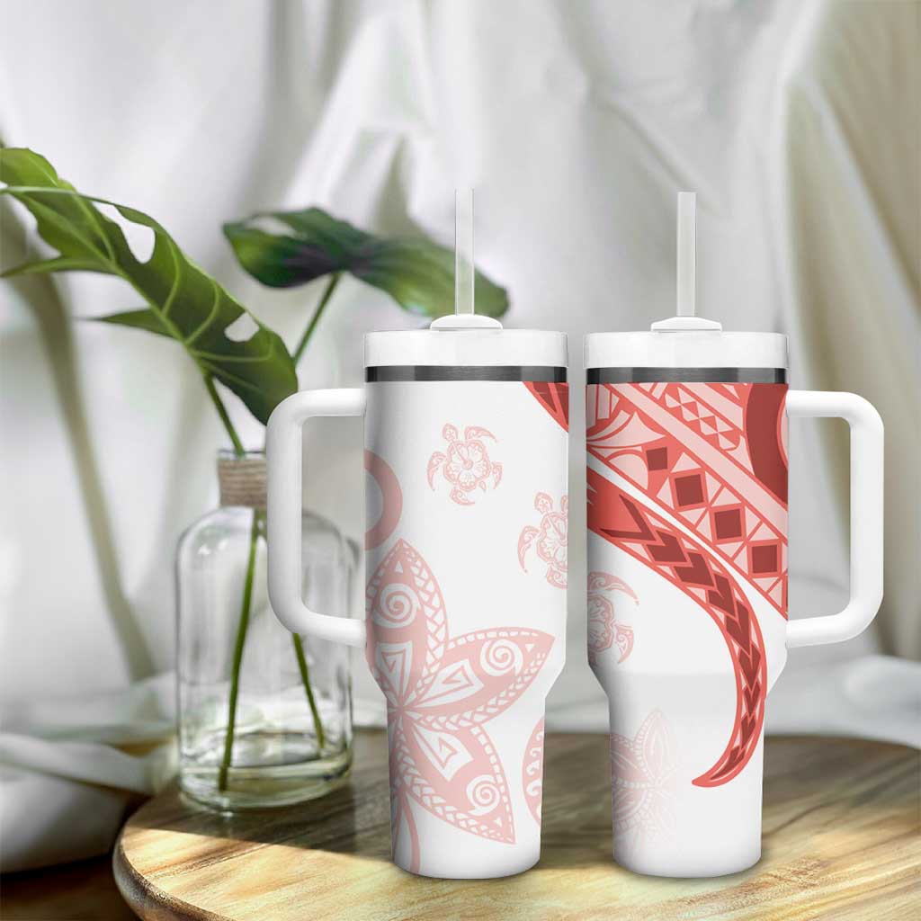 Coral Red Polynesian Tribal Turtle Floral Pattern Tumbler With Handle