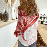 Coral Red Polynesian Tribal Turtle Floral Pattern Women Casual Shirt