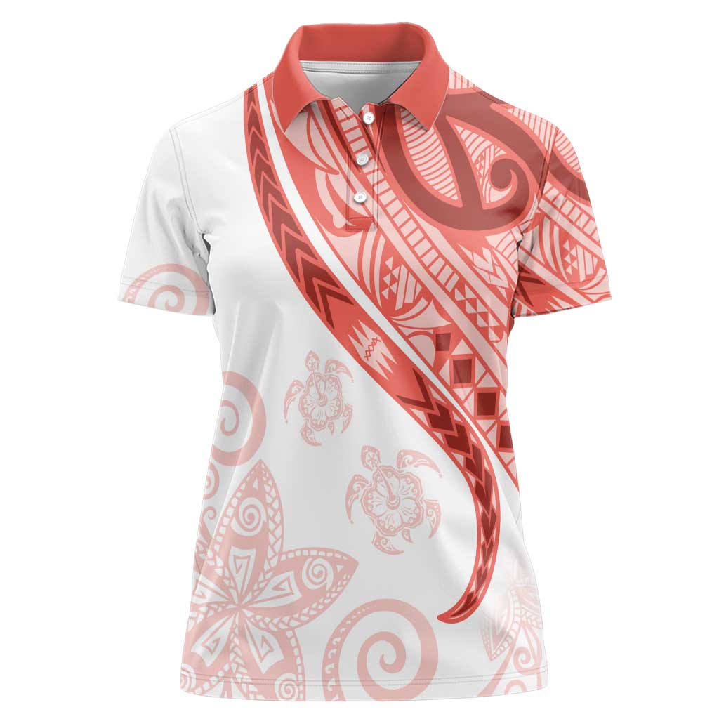 Coral Red Polynesian Tribal Turtle Floral Pattern Women Polo Shirt