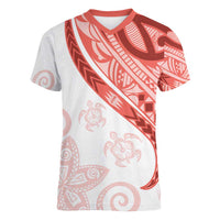 Coral Red Polynesian Tribal Turtle Floral Pattern Women V-Neck T-Shirt LT05 Female Red - Polynesian Pride