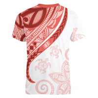 Coral Red Polynesian Tribal Turtle Floral Pattern Women V-Neck T-Shirt LT05 - Polynesian Pride