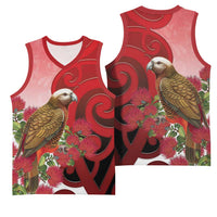 New Zealand Parrot Kaka Basketball Jersey Maori Koru With Pohutukawa Flowers - Polynesian Pride
