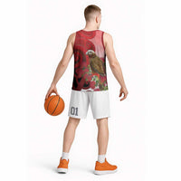 New Zealand Parrot Kaka Basketball Jersey Maori Koru With Pohutukawa Flowers - Polynesian Pride