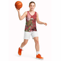 New Zealand Parrot Kaka Basketball Jersey Maori Koru With Pohutukawa Flowers - Polynesian Pride