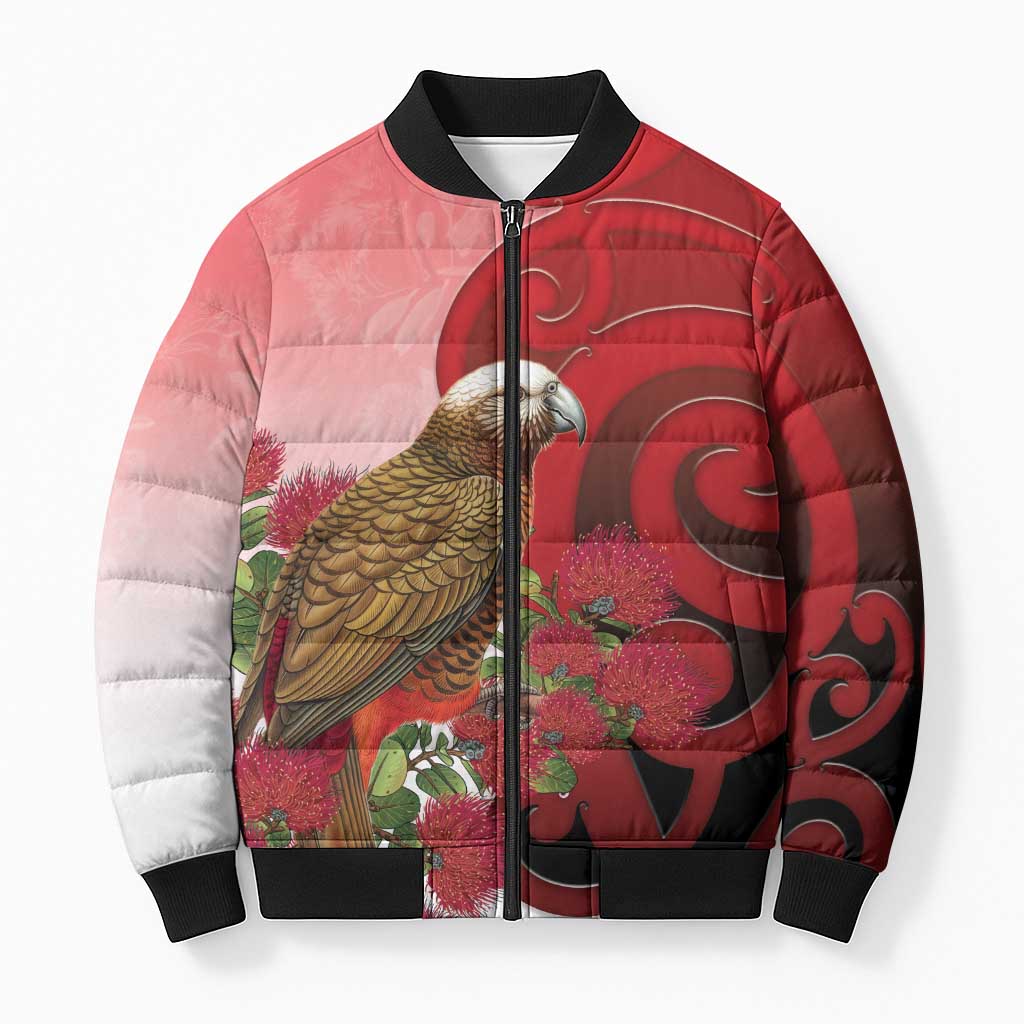 New Zealand Parrot Kaka Bomber Puffer Jacket Maori Koru With Pohutukawa Flowers - Polynesian Pride