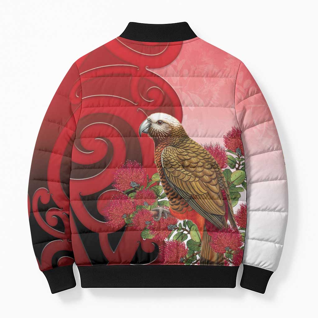 New Zealand Parrot Kaka Bomber Puffer Jacket Maori Koru With Pohutukawa Flowers - Polynesian Pride