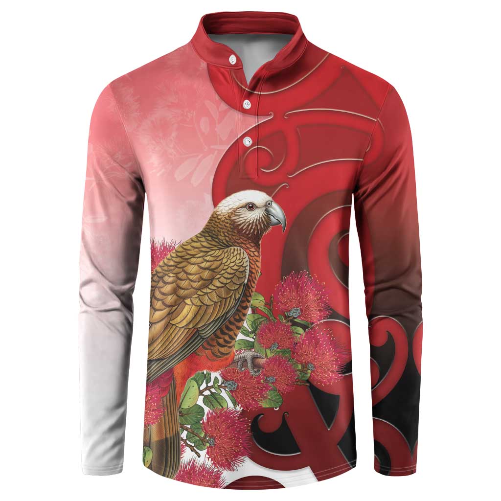 New Zealand Parrot Kaka Button Sweatshirt Maori Koru With Pohutukawa Flowers - Polynesian Pride