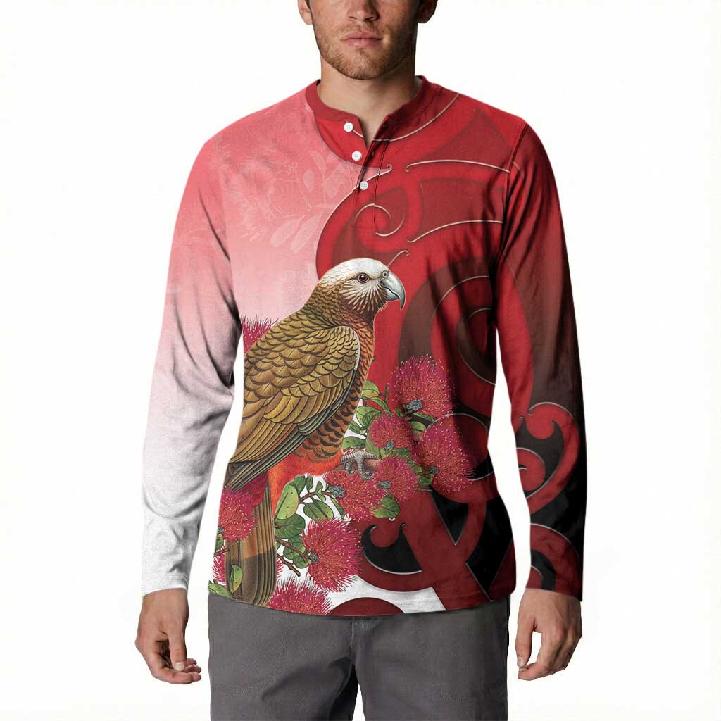New Zealand Parrot Kaka Button Sweatshirt Maori Koru With Pohutukawa Flowers - Polynesian Pride