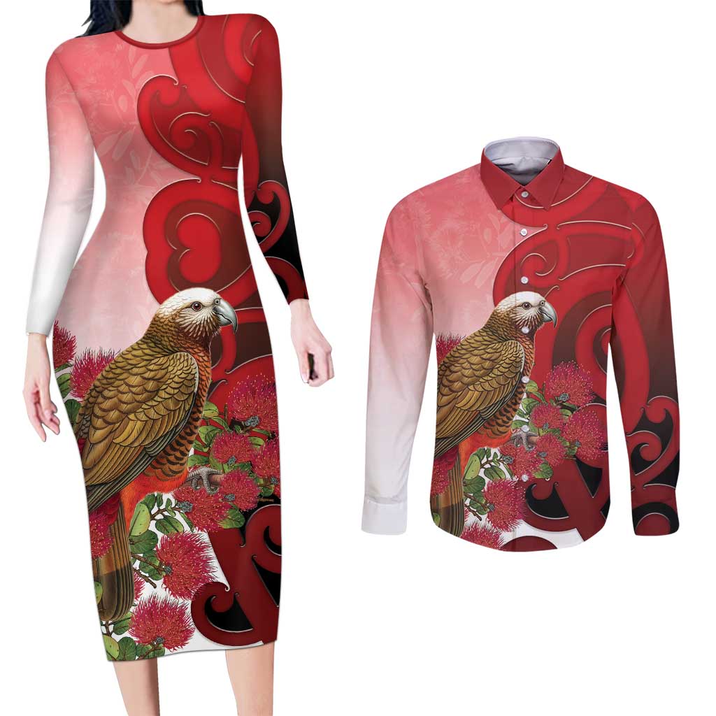 New Zealand Parrot Kaka Couples Matching Long Sleeve Bodycon Dress and Long Sleeve Button Shirt Maori Koru With Pohutukawa Flowers - Polynesian Pride