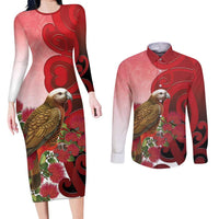 New Zealand Parrot Kaka Couples Matching Long Sleeve Bodycon Dress and Long Sleeve Button Shirt Maori Koru With Pohutukawa Flowers - Polynesian Pride