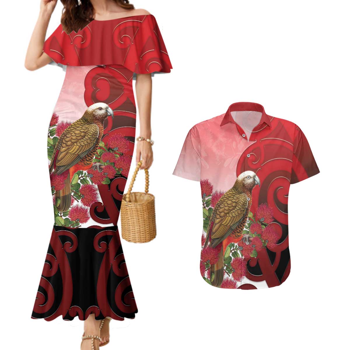 New Zealand Parrot Kaka Couples Matching Mermaid Dress and Hawaiian Shirt Maori Koru With Pohutukawa Flowers - Polynesian Pride