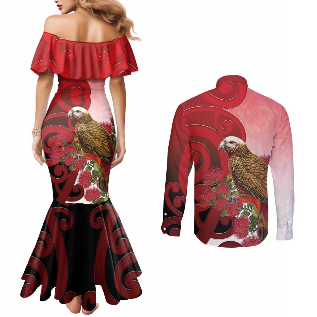 New Zealand Parrot Kaka Couples Matching Mermaid Dress and Long Sleeve Button Shirt Maori Koru With Pohutukawa Flowers - Polynesian Pride