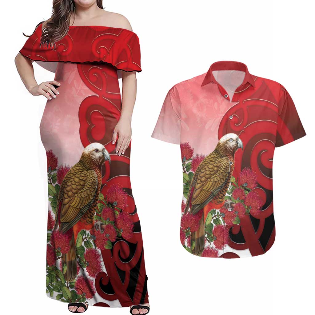 New Zealand Parrot Kaka Couples Matching Off Shoulder Maxi Dress and Hawaiian Shirt Maori Koru With Pohutukawa Flowers - Polynesian Pride