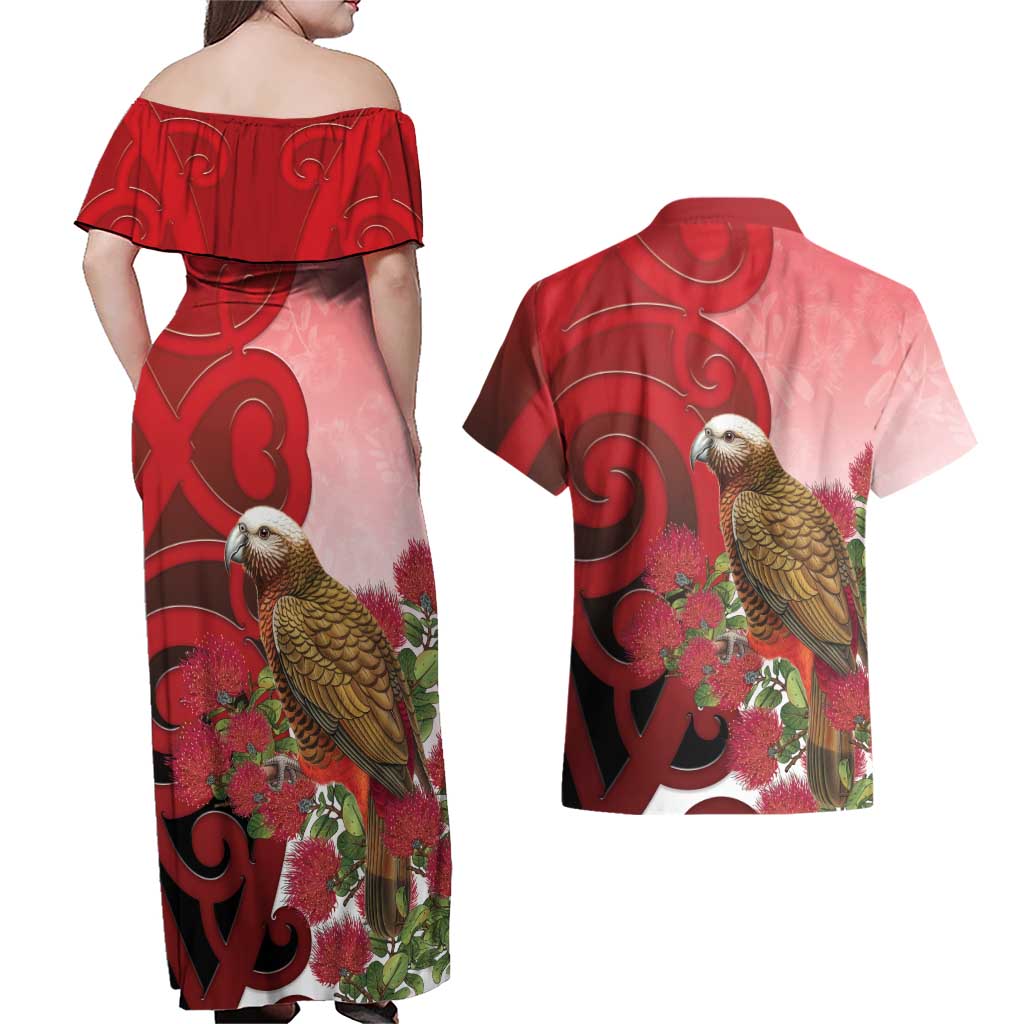 New Zealand Parrot Kaka Couples Matching Off Shoulder Maxi Dress and Hawaiian Shirt Maori Koru With Pohutukawa Flowers - Polynesian Pride