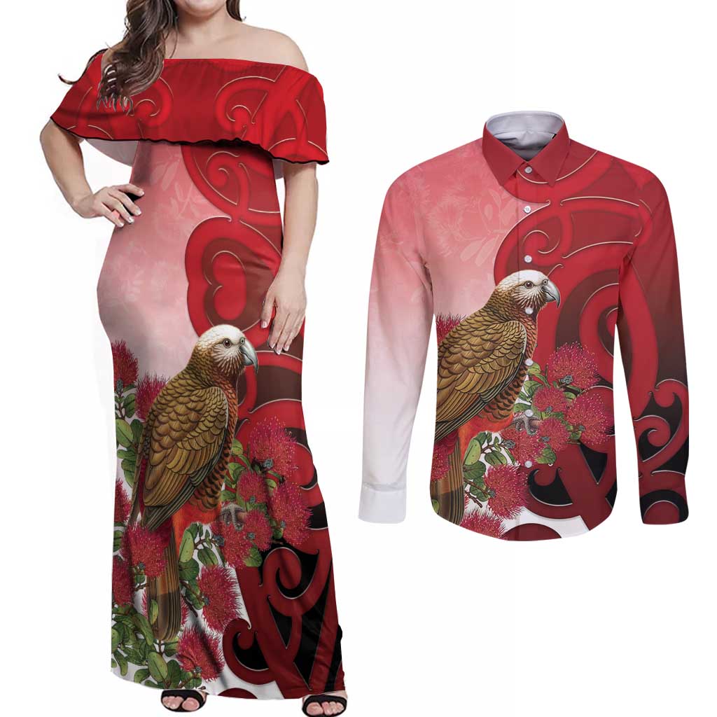 New Zealand Parrot Kaka Couples Matching Off Shoulder Maxi Dress and Long Sleeve Button Shirt Maori Koru With Pohutukawa Flowers - Polynesian Pride