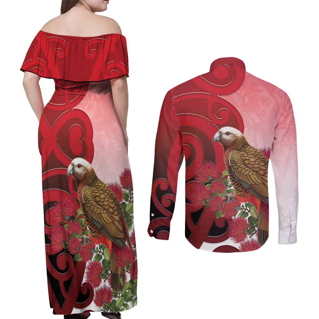 New Zealand Parrot Kaka Couples Matching Off Shoulder Maxi Dress and Long Sleeve Button Shirt Maori Koru With Pohutukawa Flowers - Polynesian Pride