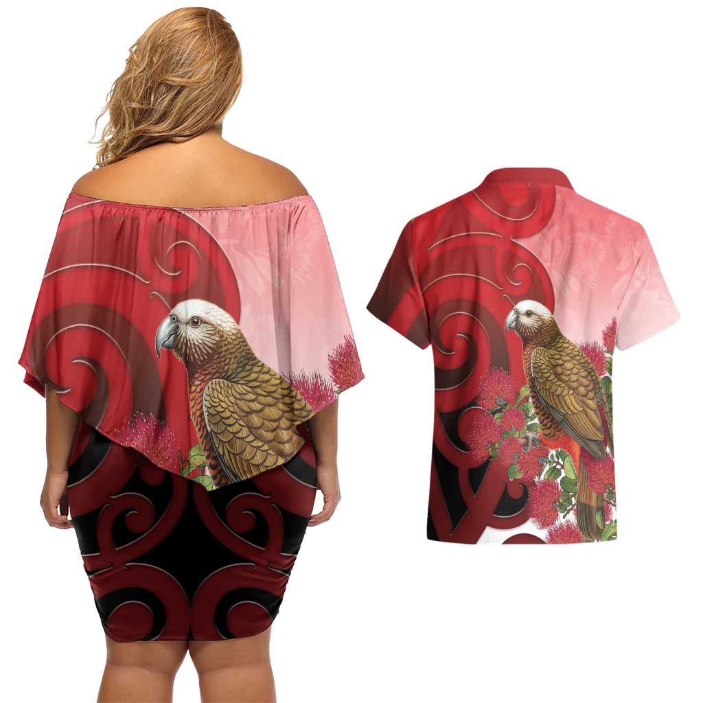New Zealand Parrot Kaka Couples Matching Off Shoulder Short Dress and Hawaiian Shirt Maori Koru With Pohutukawa Flowers - Polynesian Pride