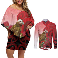 New Zealand Parrot Kaka Couples Matching Off Shoulder Short Dress and Long Sleeve Button Shirt Maori Koru With Pohutukawa Flowers - Polynesian Pride