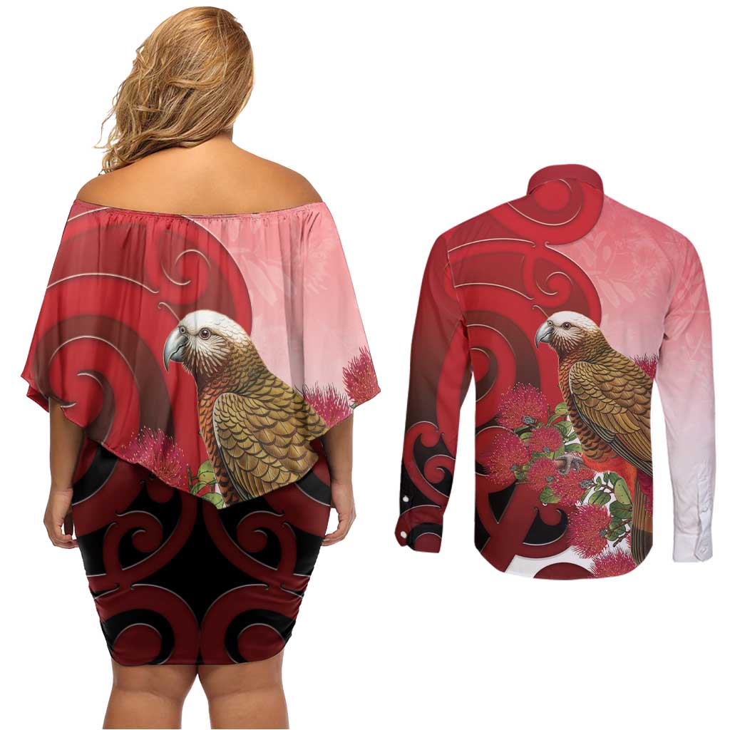 New Zealand Parrot Kaka Couples Matching Off Shoulder Short Dress and Long Sleeve Button Shirt Maori Koru With Pohutukawa Flowers - Polynesian Pride