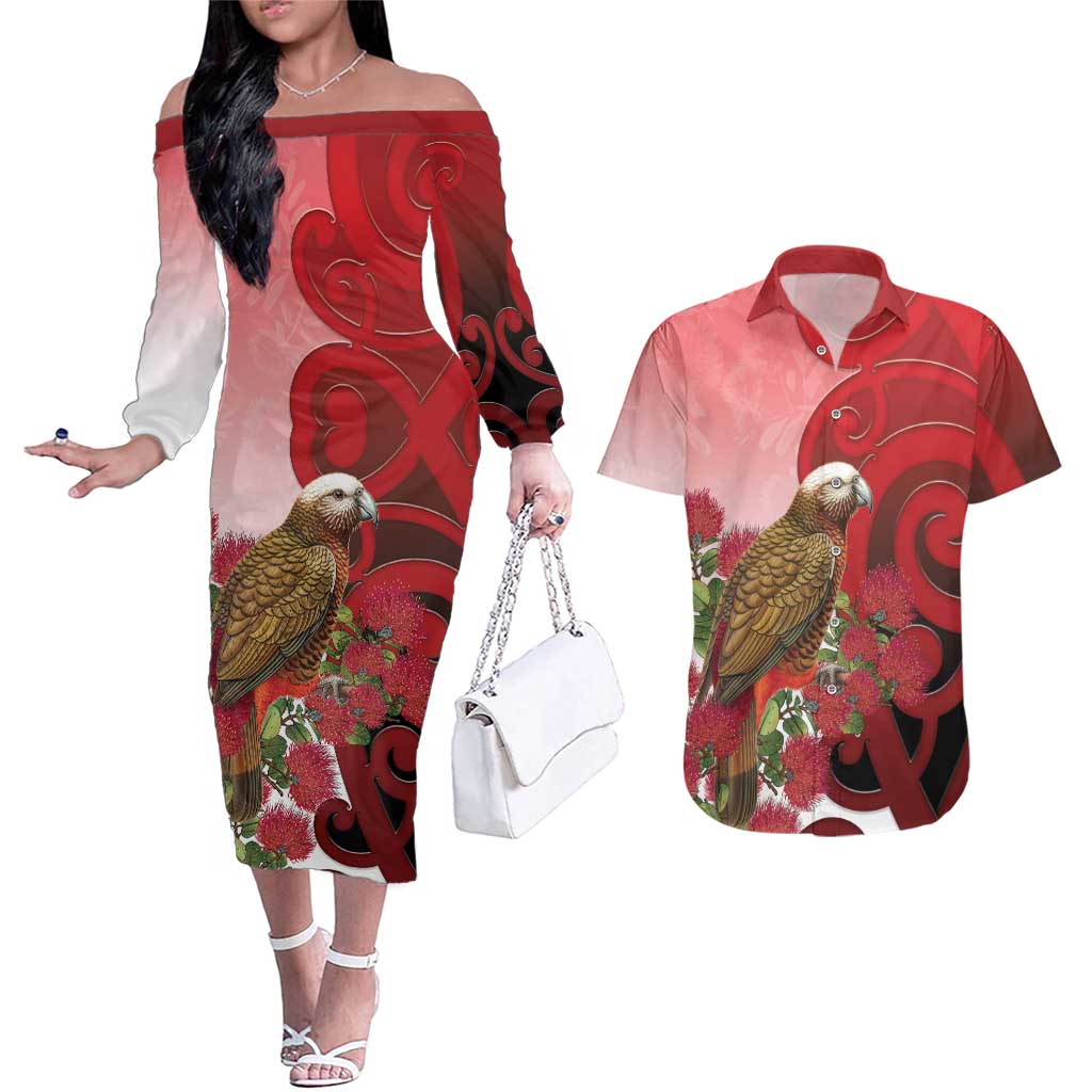 New Zealand Parrot Kaka Couples Matching Off The Shoulder Long Sleeve Dress and Hawaiian Shirt Maori Koru With Pohutukawa Flowers - Polynesian Pride
