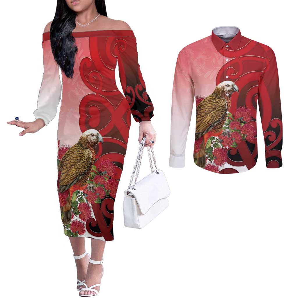 New Zealand Parrot Kaka Couples Matching Off The Shoulder Long Sleeve Dress and Long Sleeve Button Shirt Maori Koru With Pohutukawa Flowers - Polynesian Pride