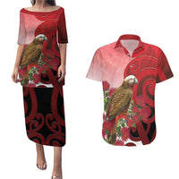 New Zealand Parrot Kaka Couples Matching Puletasi and Hawaiian Shirt Maori Koru With Pohutukawa Flowers - Polynesian Pride