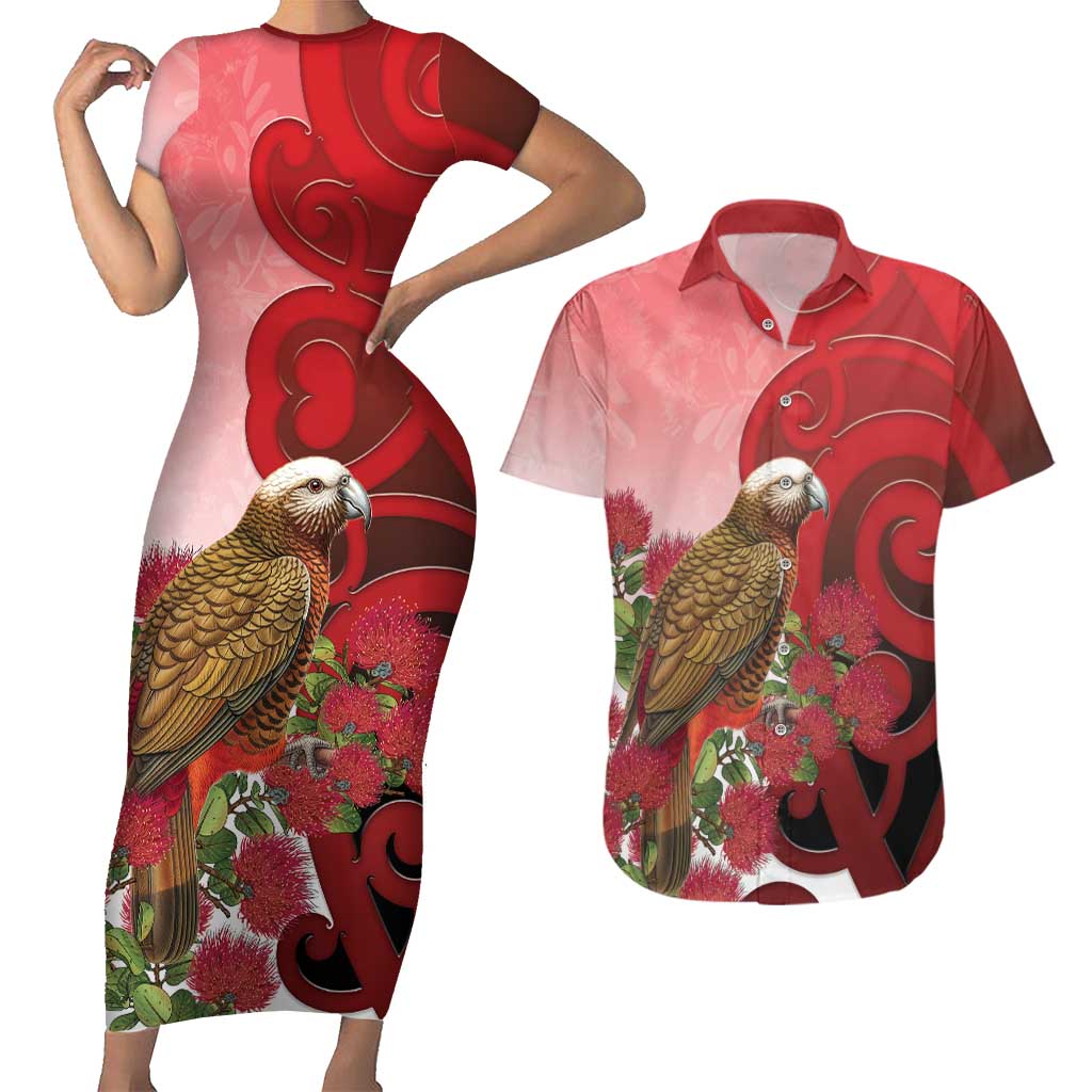 New Zealand Parrot Kaka Couples Matching Short Sleeve Bodycon Dress and Hawaiian Shirt Maori Koru With Pohutukawa Flowers - Polynesian Pride