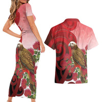 New Zealand Parrot Kaka Couples Matching Short Sleeve Bodycon Dress and Hawaiian Shirt Maori Koru With Pohutukawa Flowers - Polynesian Pride