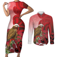 New Zealand Parrot Kaka Couples Matching Short Sleeve Bodycon Dress and Long Sleeve Button Shirt Maori Koru With Pohutukawa Flowers - Polynesian Pride