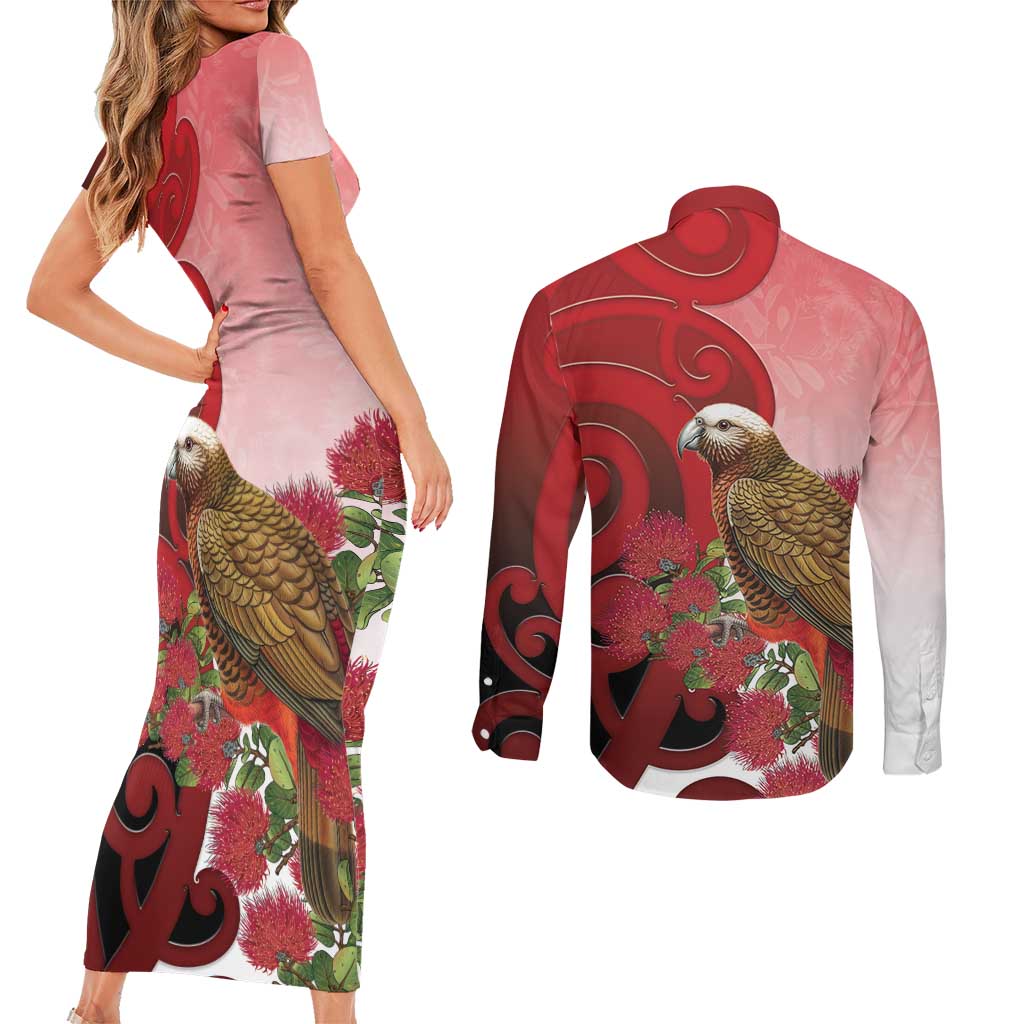New Zealand Parrot Kaka Couples Matching Short Sleeve Bodycon Dress and Long Sleeve Button Shirt Maori Koru With Pohutukawa Flowers - Polynesian Pride