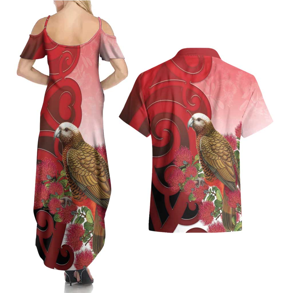 New Zealand Parrot Kaka Couples Matching Summer Maxi Dress and Hawaiian Shirt Maori Koru With Pohutukawa Flowers - Polynesian Pride