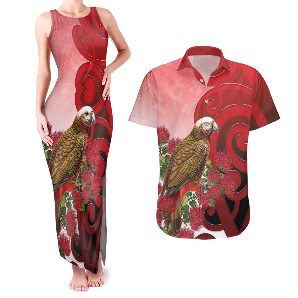 New Zealand Parrot Kaka Couples Matching Tank Maxi Dress and Hawaiian Shirt Maori Koru With Pohutukawa Flowers - Polynesian Pride