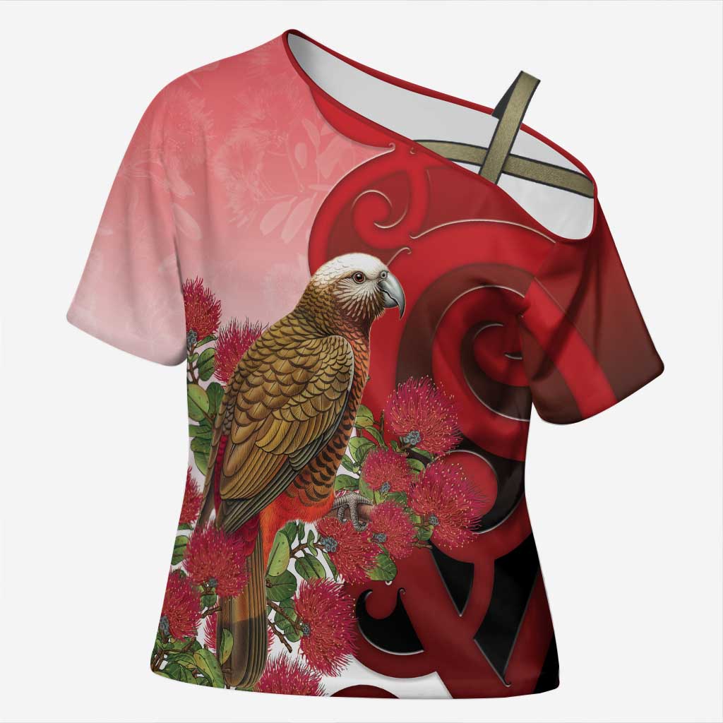 New Zealand Parrot Kaka Cross Shoulder Shirt Maori Koru With Pohutukawa Flowers - Polynesian Pride