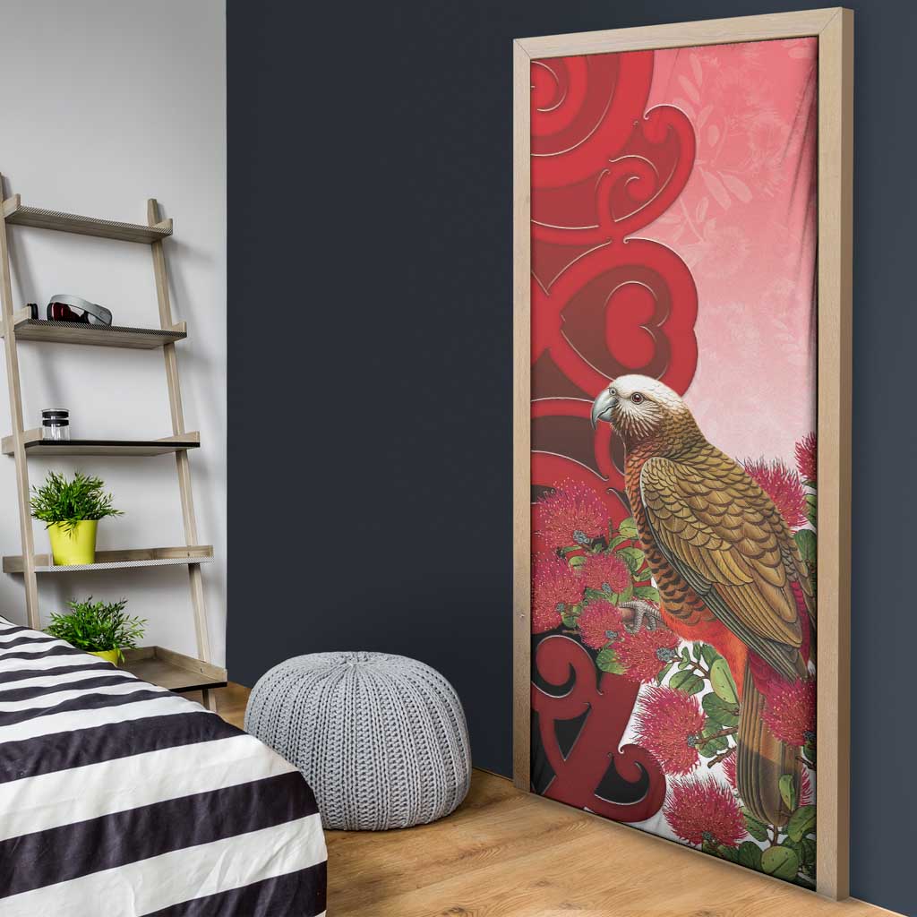 New Zealand Parrot Kaka Door Cover Maori Koru With Pohutukawa Flowers - Polynesian Pride