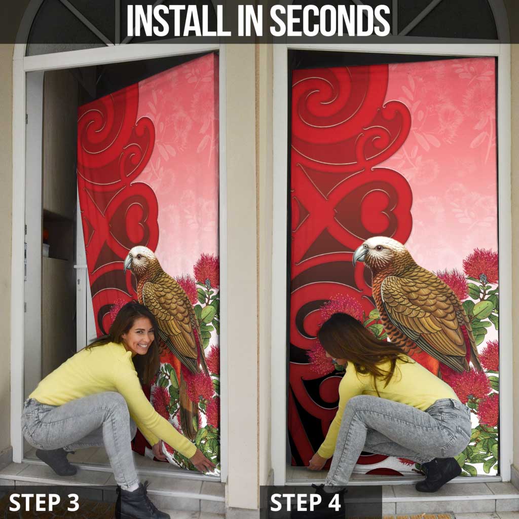 New Zealand Parrot Kaka Door Cover Maori Koru With Pohutukawa Flowers - Polynesian Pride