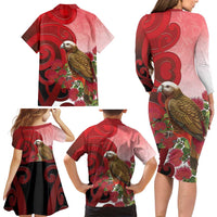 New Zealand Parrot Kaka Family Matching Long Sleeve Bodycon Dress and Hawaiian Shirt Maori Koru With Pohutukawa Flowers - Polynesian Pride
