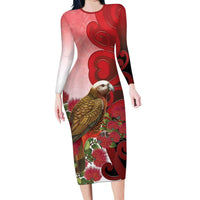 New Zealand Parrot Kaka Family Matching Long Sleeve Bodycon Dress and Hawaiian Shirt Maori Koru With Pohutukawa Flowers - Polynesian Pride