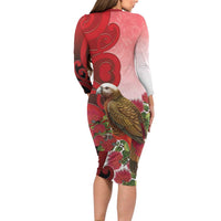 New Zealand Parrot Kaka Family Matching Long Sleeve Bodycon Dress and Hawaiian Shirt Maori Koru With Pohutukawa Flowers - Polynesian Pride