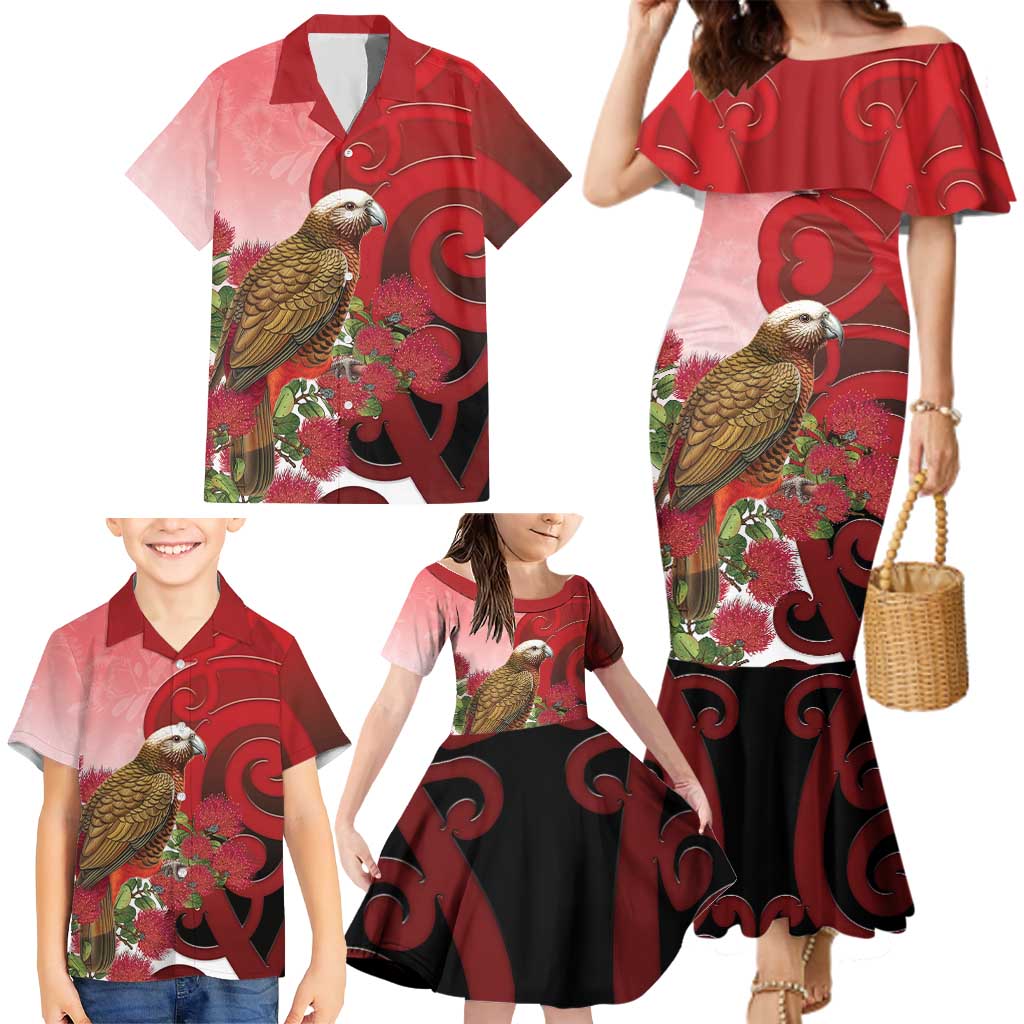 New Zealand Parrot Kaka Family Matching Mermaid Dress and Hawaiian Shirt Maori Koru With Pohutukawa Flowers - Polynesian Pride